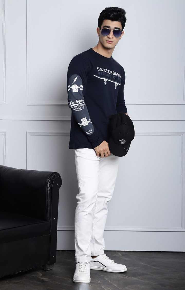 Men's  Printed Navy Blue Color Regular Fit Long Sleeves Tshirt