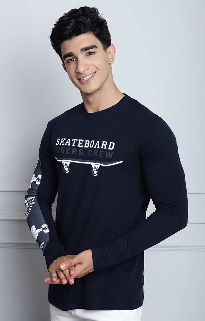 Men's  Printed Navy Blue Color Regular Fit Long Sleeves Tshirt