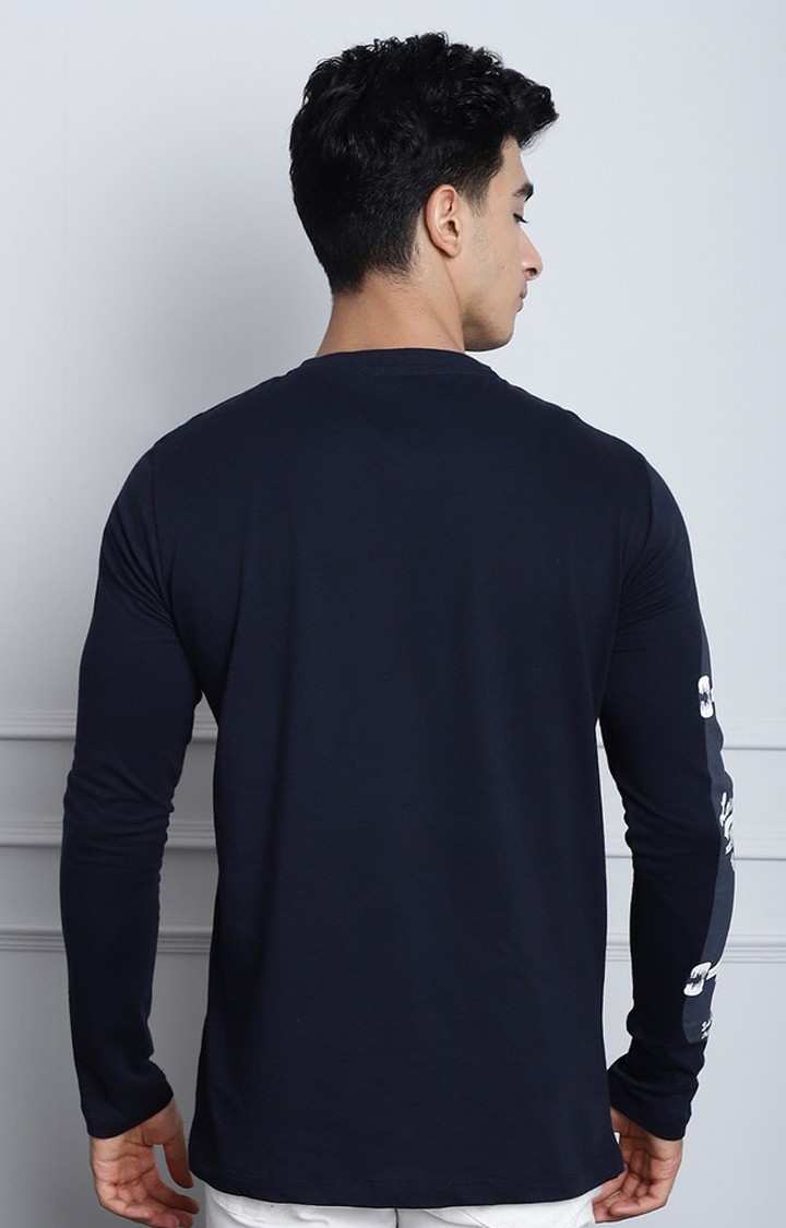 Men's  Printed Navy Blue Color Regular Fit Long Sleeves Tshirt