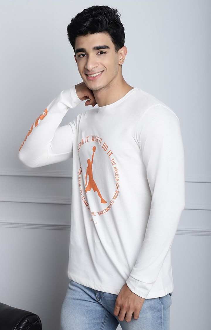 Men's  Printed Off White Color Regular Fit Long Sleeves Tshirt