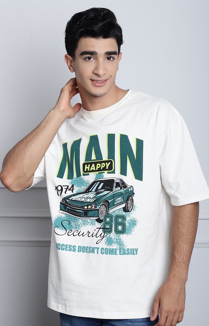 DOOR74 | Men's  Main Success Printed Off White Color Oversized Tshirt