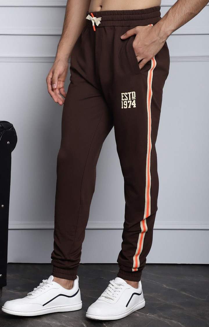 Men's Regular Side Tape Brown Jogger With Pocket