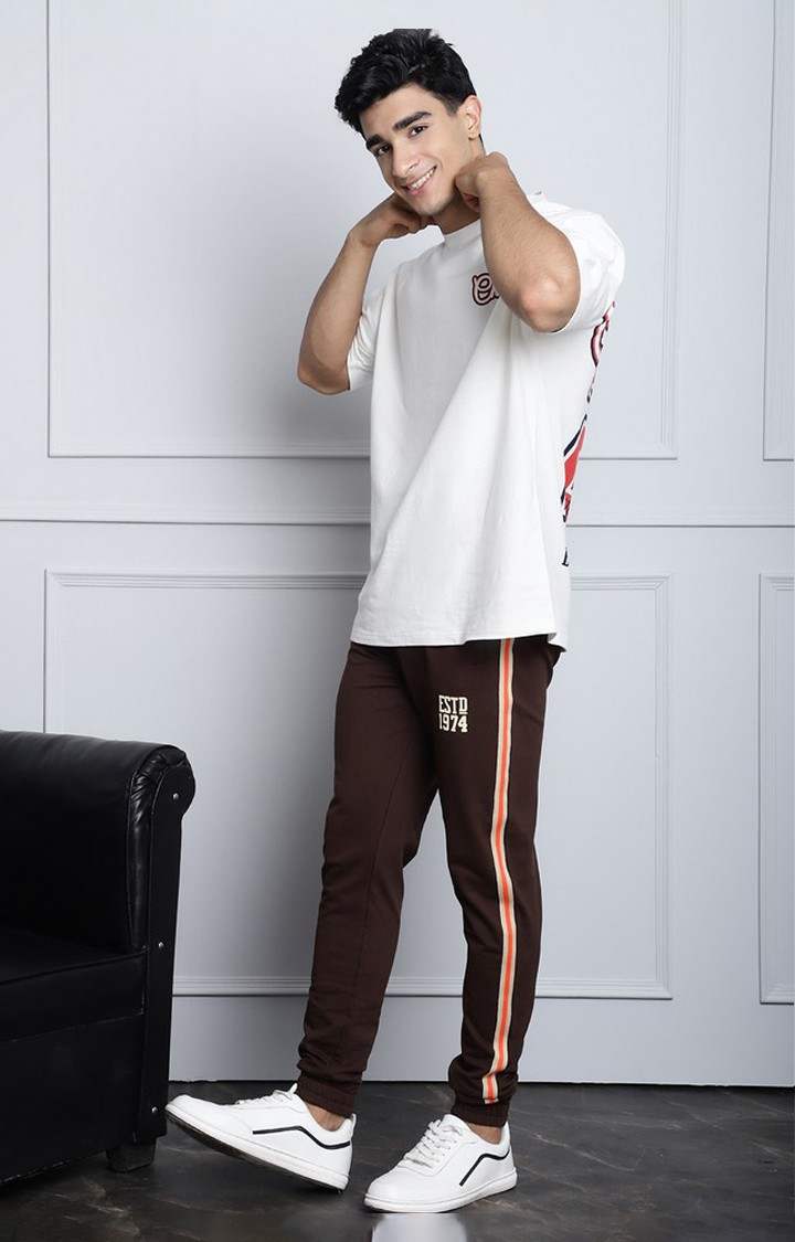 Men's Regular Side Tape Brown Jogger With Pocket