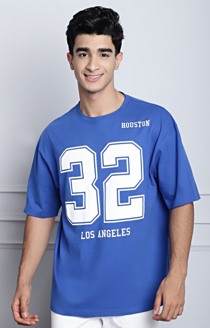 DOOR74 | Men's  32 Los Angeles Printed Royal Blue Color Oversized Tshirt