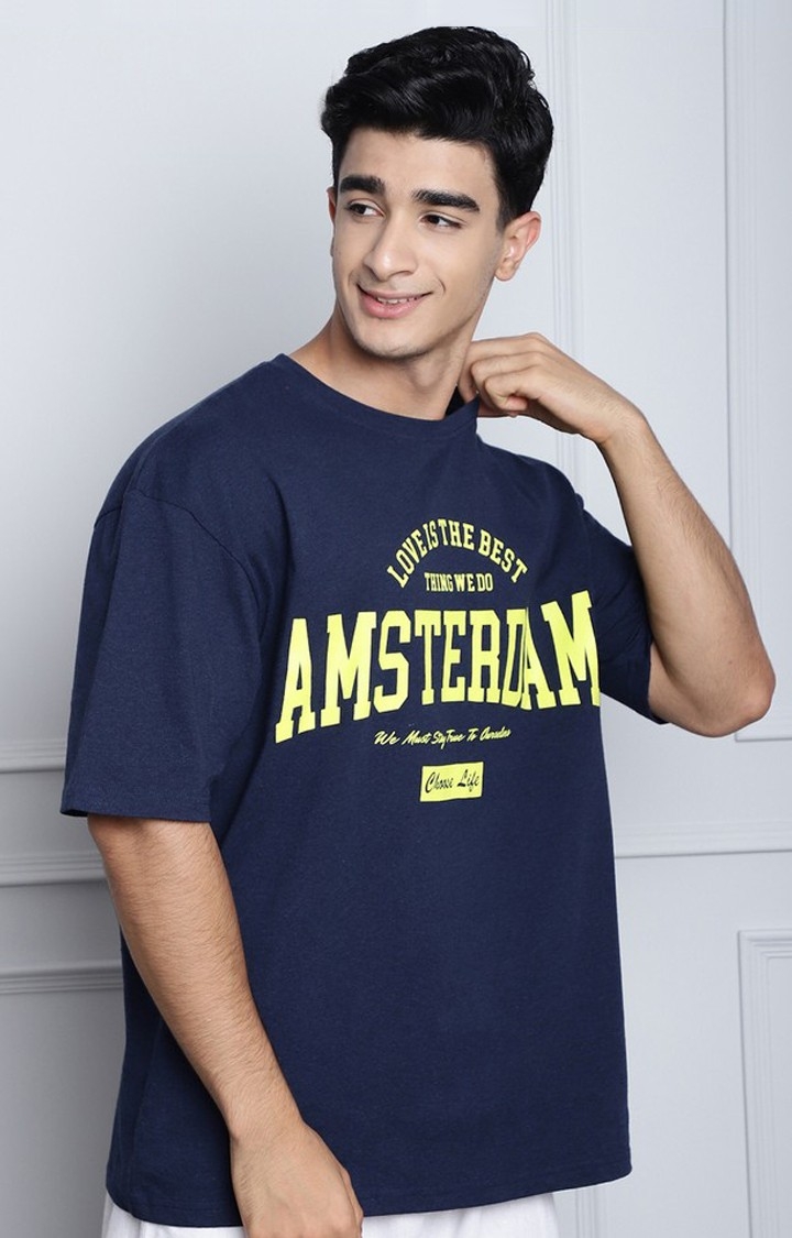 Men's  Amsterdam Printed Denim Blue Color Oversized Tshirt