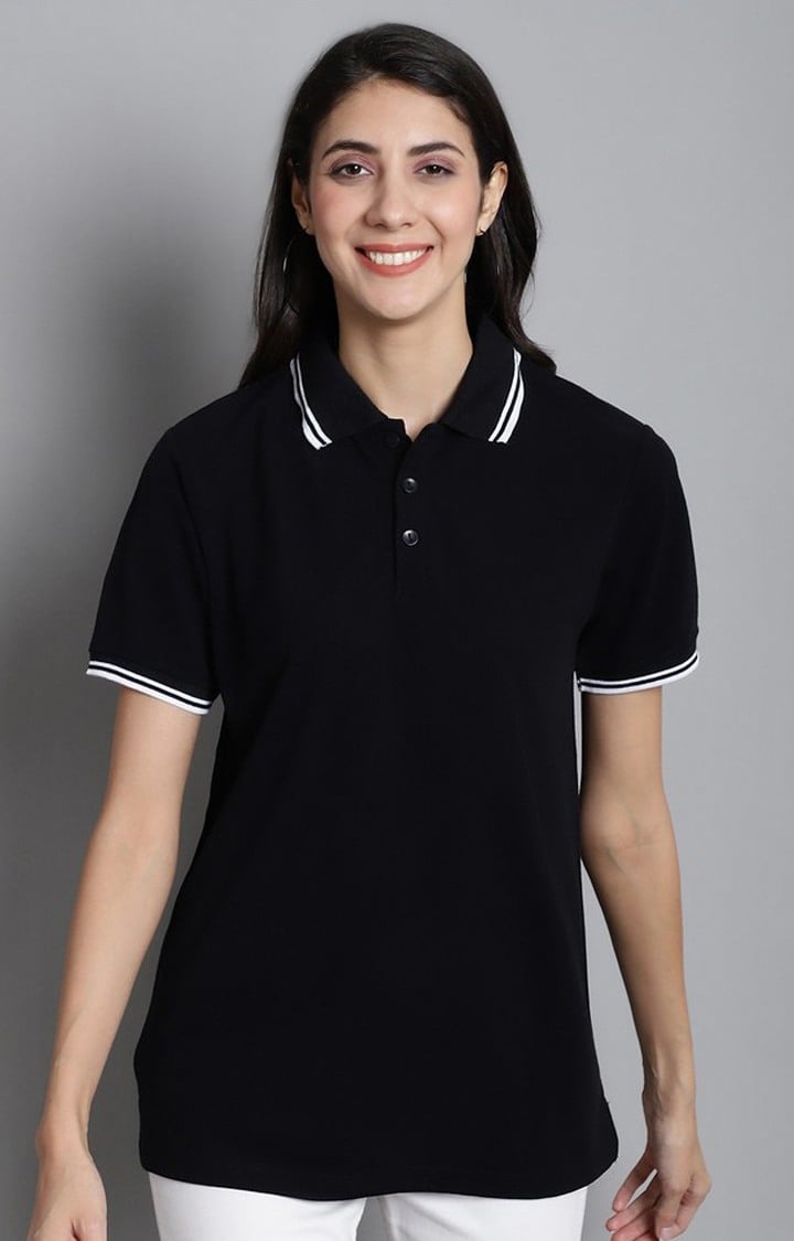 DOOR74 | Women's Premium Tipping Collar And Black Solid Polos