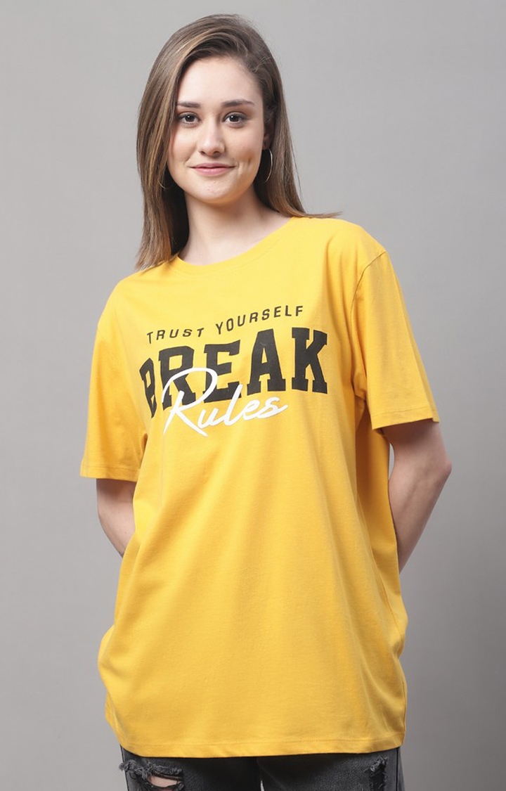 DOOR74 | Women's Yellow Typographic Oversized T-Shirts