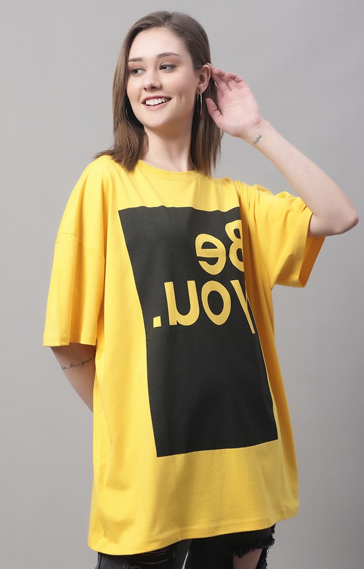 Women's Yellow Typographic Oversized T-Shirts
