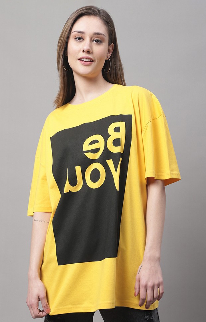 DOOR74 | Women's Yellow Typographic Oversized T-Shirts