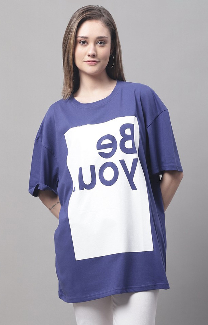 DOOR74 | Women's Blue Typographic Oversized T-Shirts