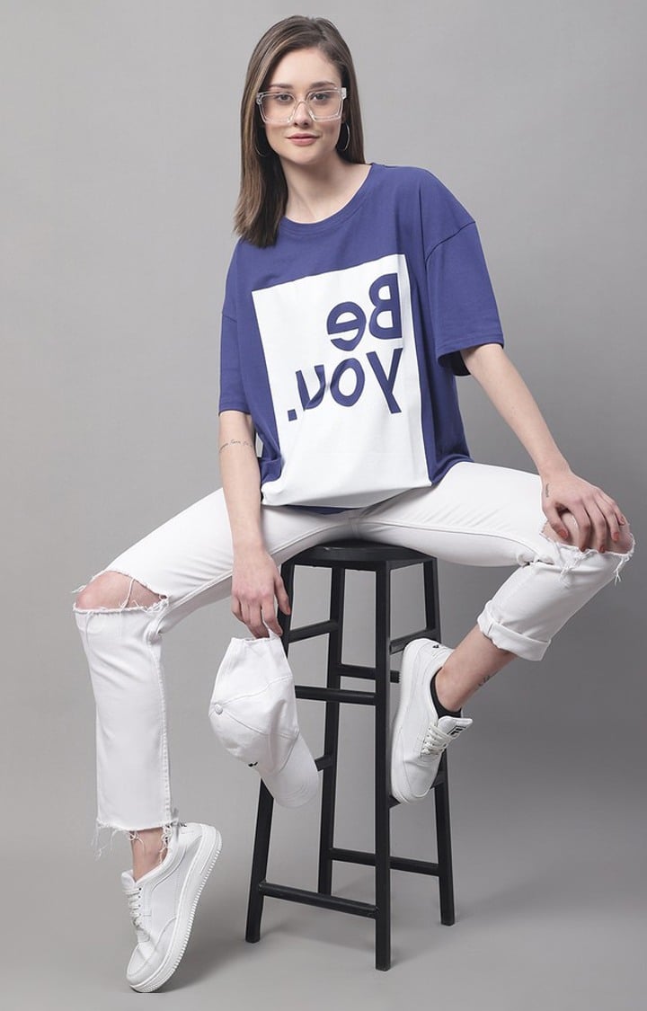 Women's Blue Typographic Oversized T-Shirts