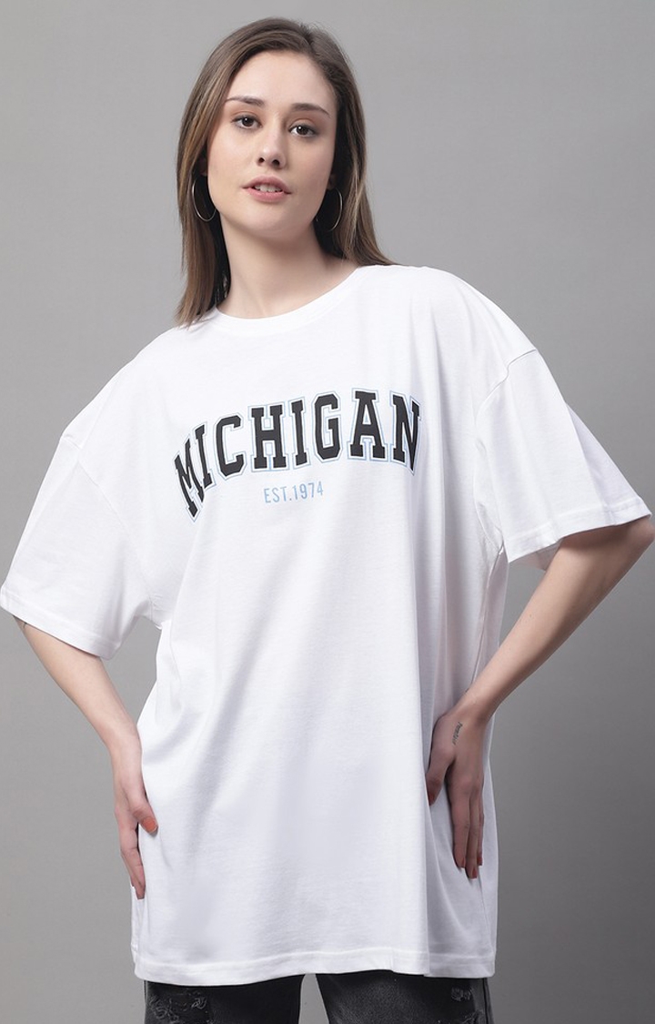 DOOR74 | Women's White Typographic Oversized T-Shirts