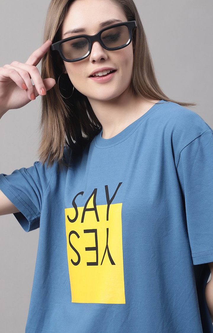 Women's Blue Typographic Oversized T-Shirts