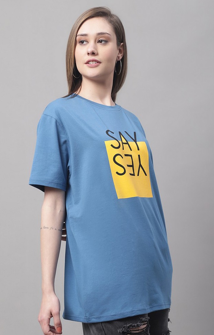 Women's Blue Typographic Oversized T-Shirts