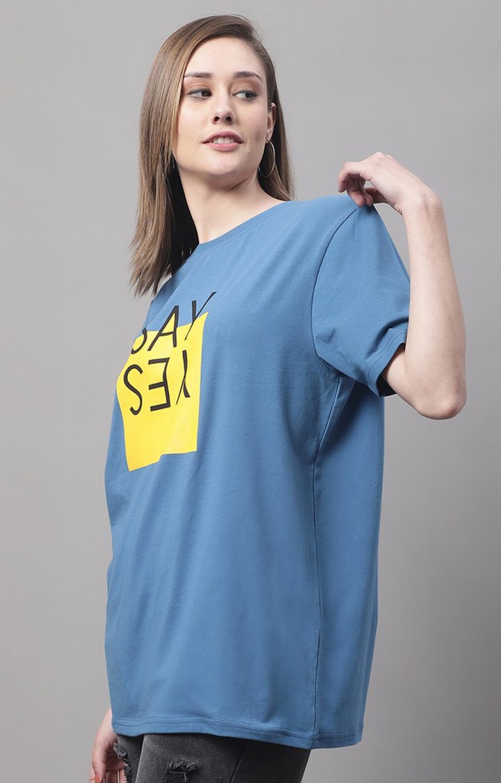 Women's Blue Typographic Oversized T-Shirts