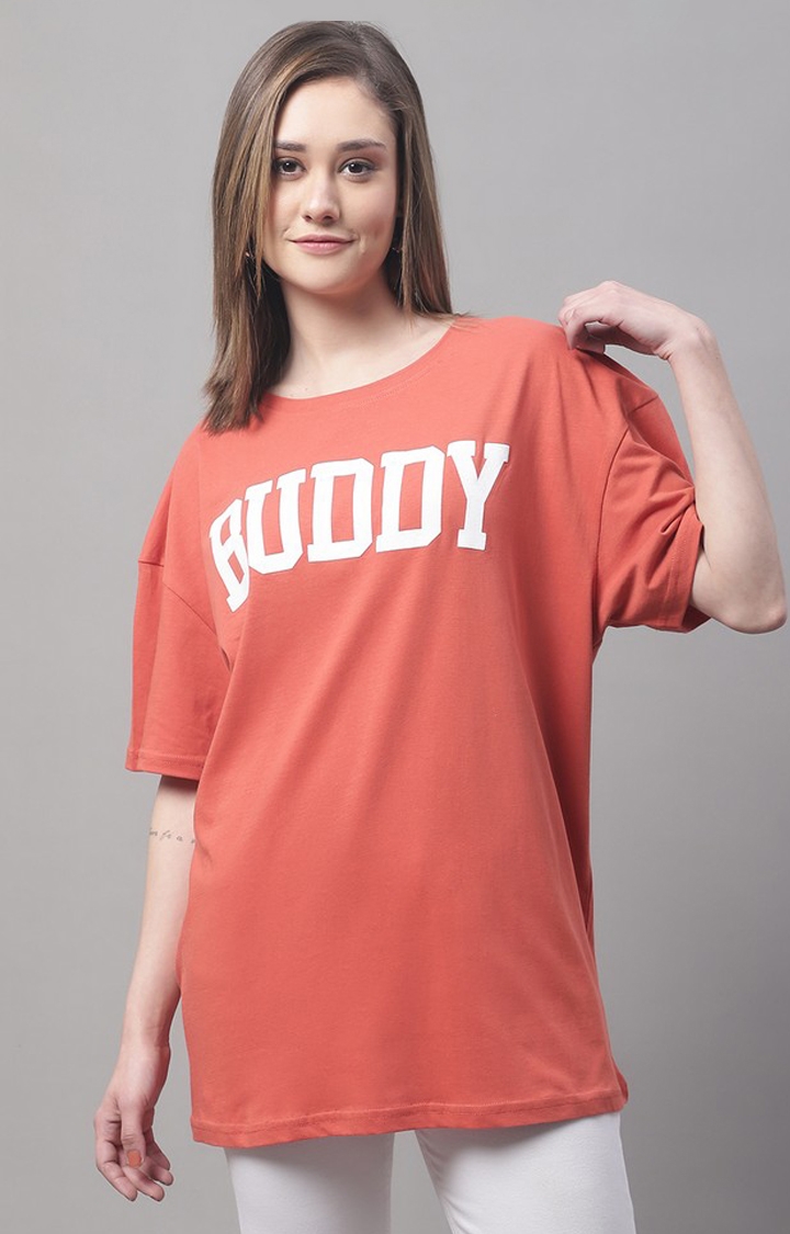 DOOR74 | Women's Orange Typographic Oversized T-Shirts
