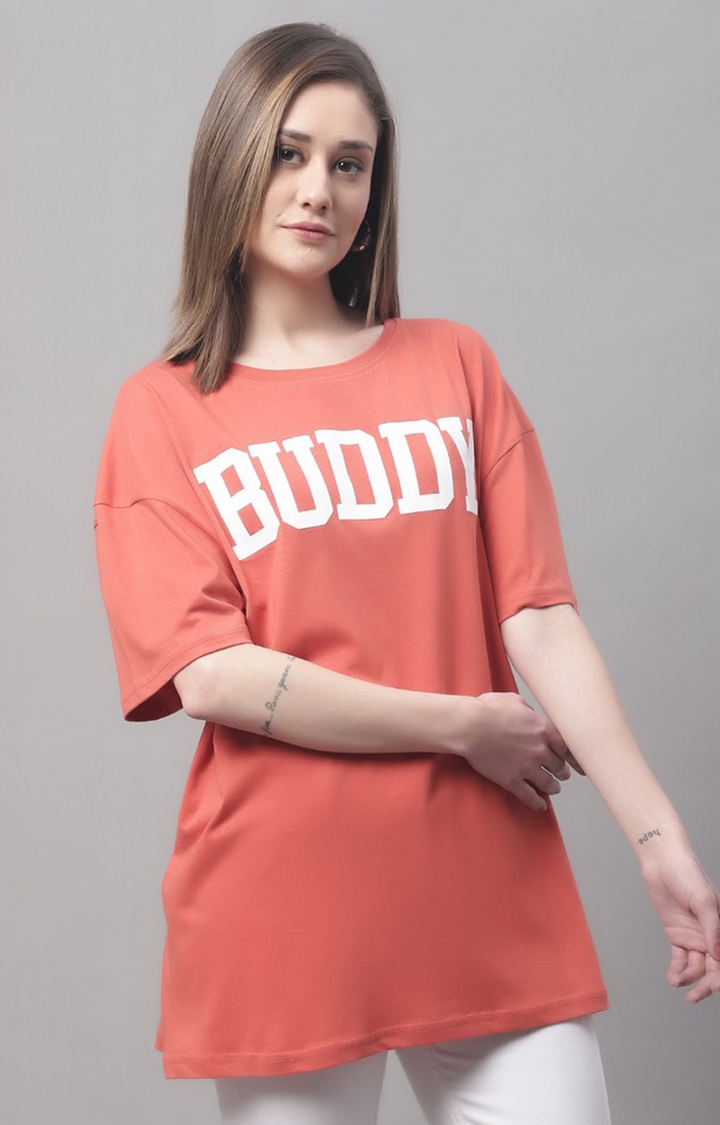 Women's Orange Typographic Oversized T-Shirts