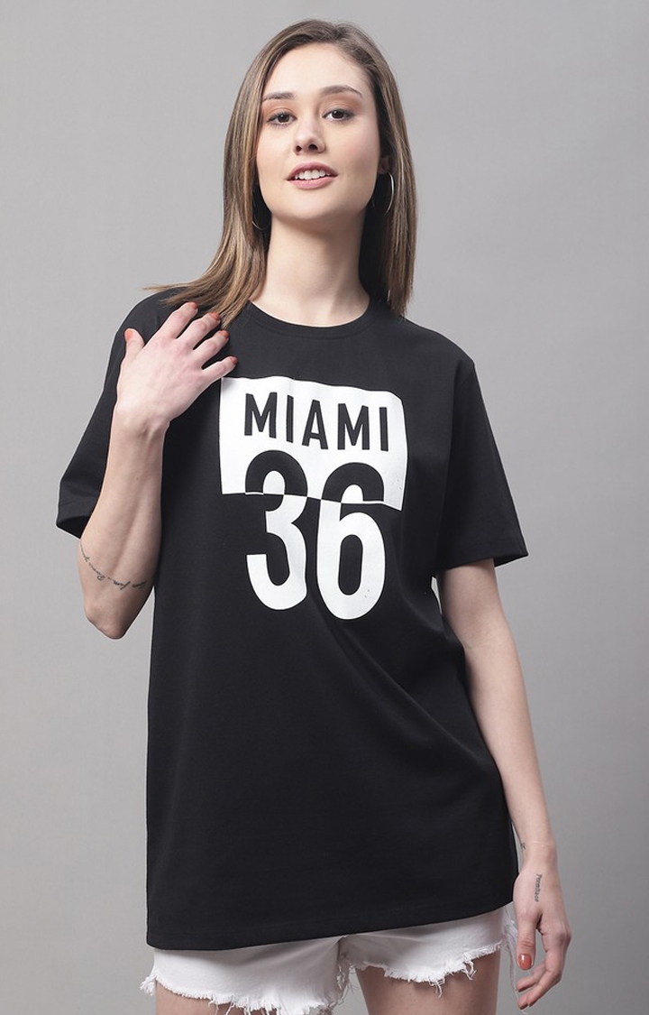DOOR74 | Women's Black Typographic Oversized T-Shirts