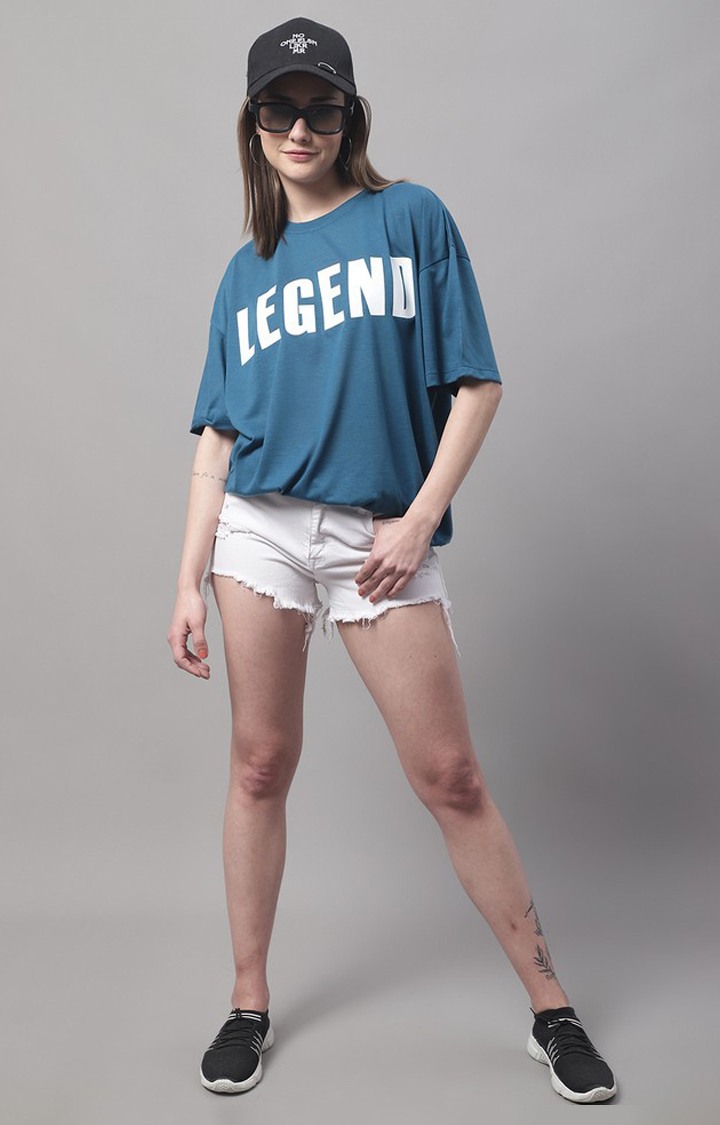 Women's Blue Typographic Oversized T-Shirts