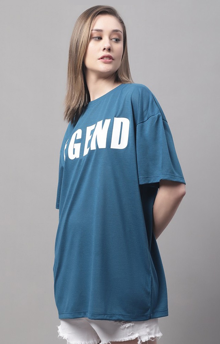 Women's Blue Typographic Oversized T-Shirts