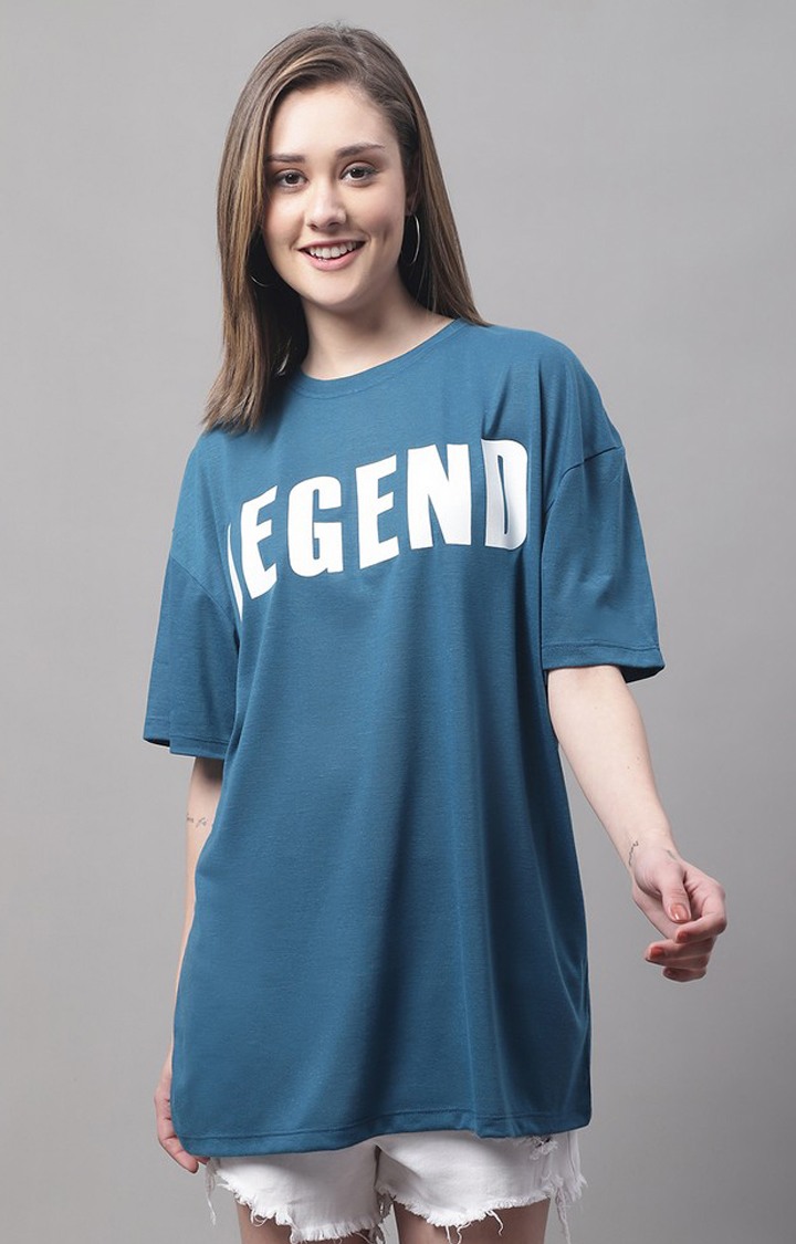 DOOR74 | Women's Blue Typographic Oversized T-Shirts