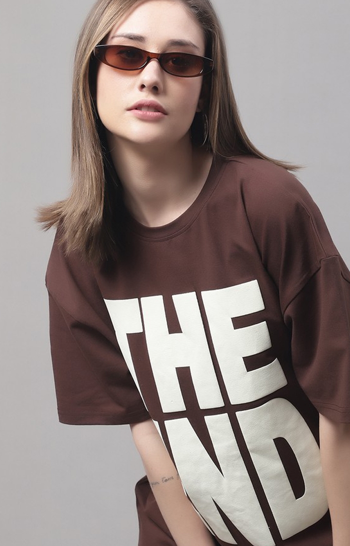 Women's Brown Typographic Oversized T-Shirts