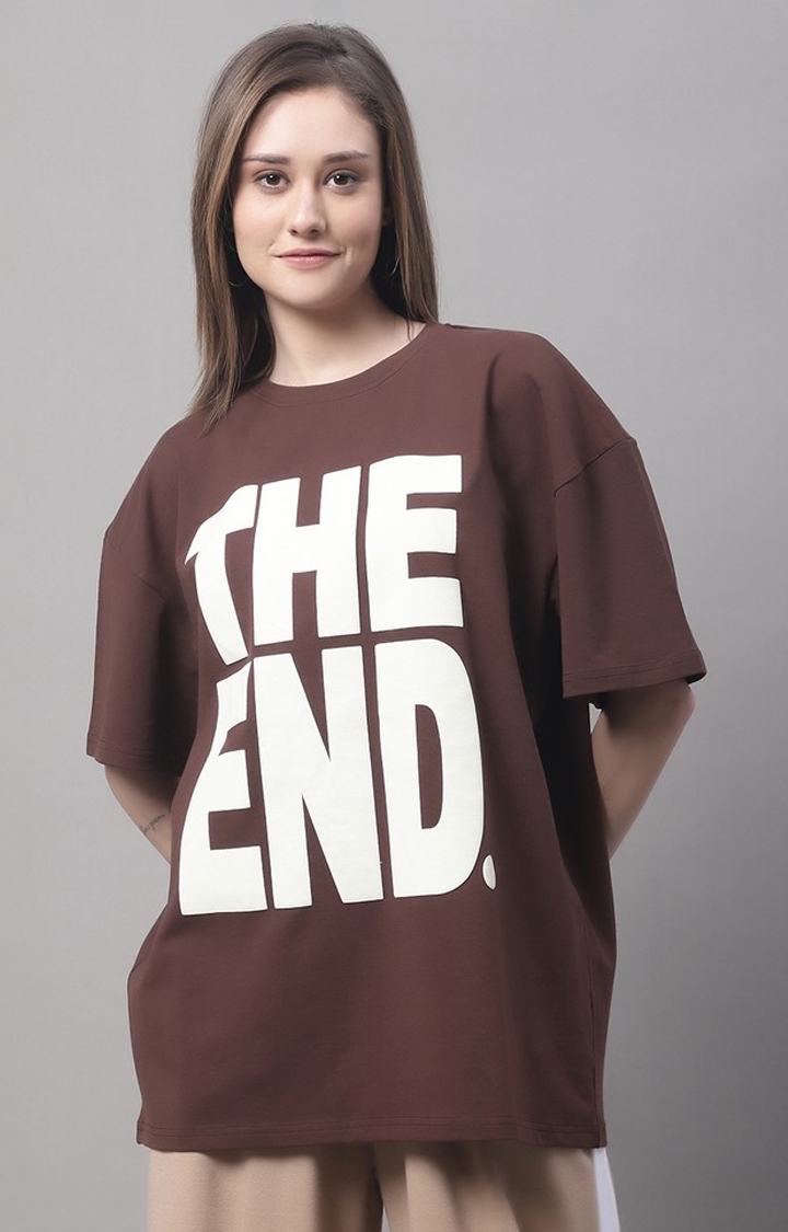 DOOR74 | Women's Brown Typographic Oversized T-Shirts