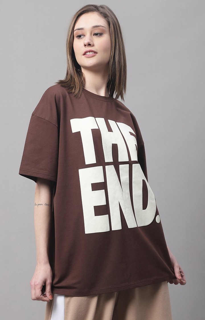 Women's Brown Typographic Oversized T-Shirts