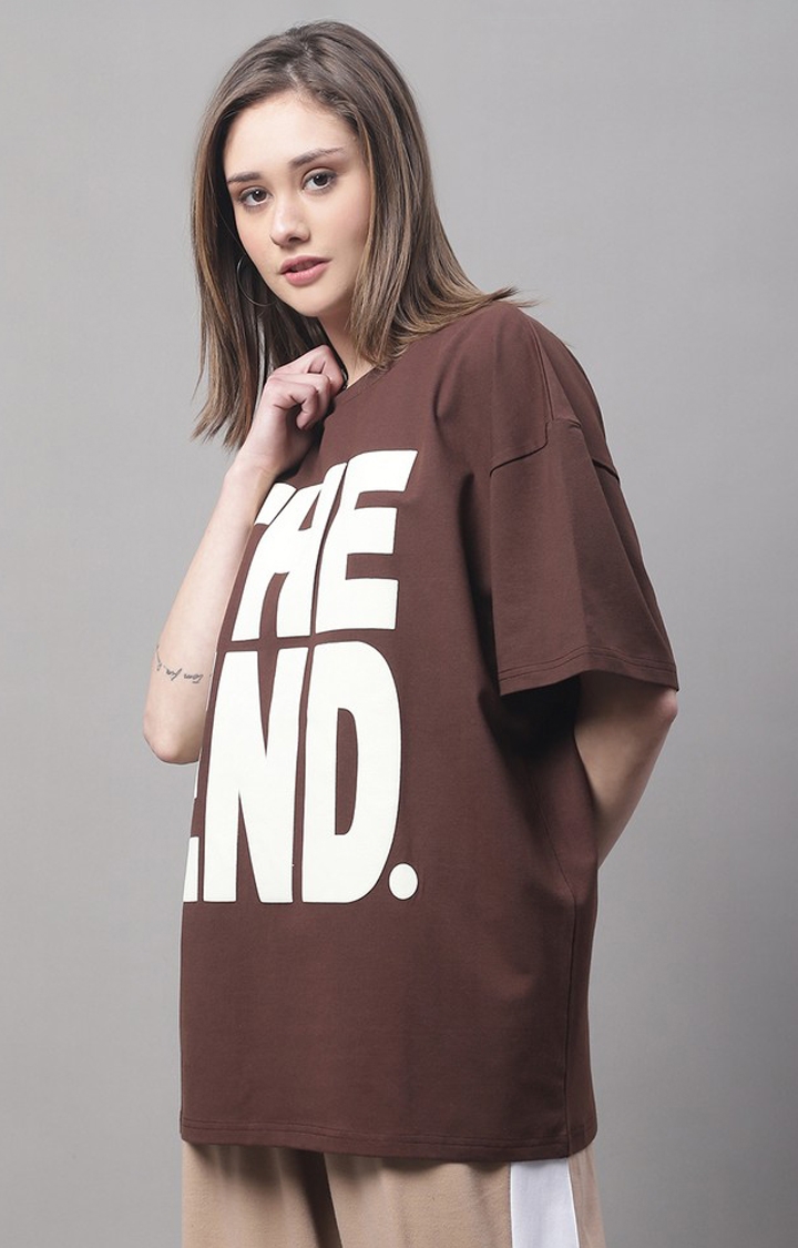 Women's Brown Typographic Oversized T-Shirts