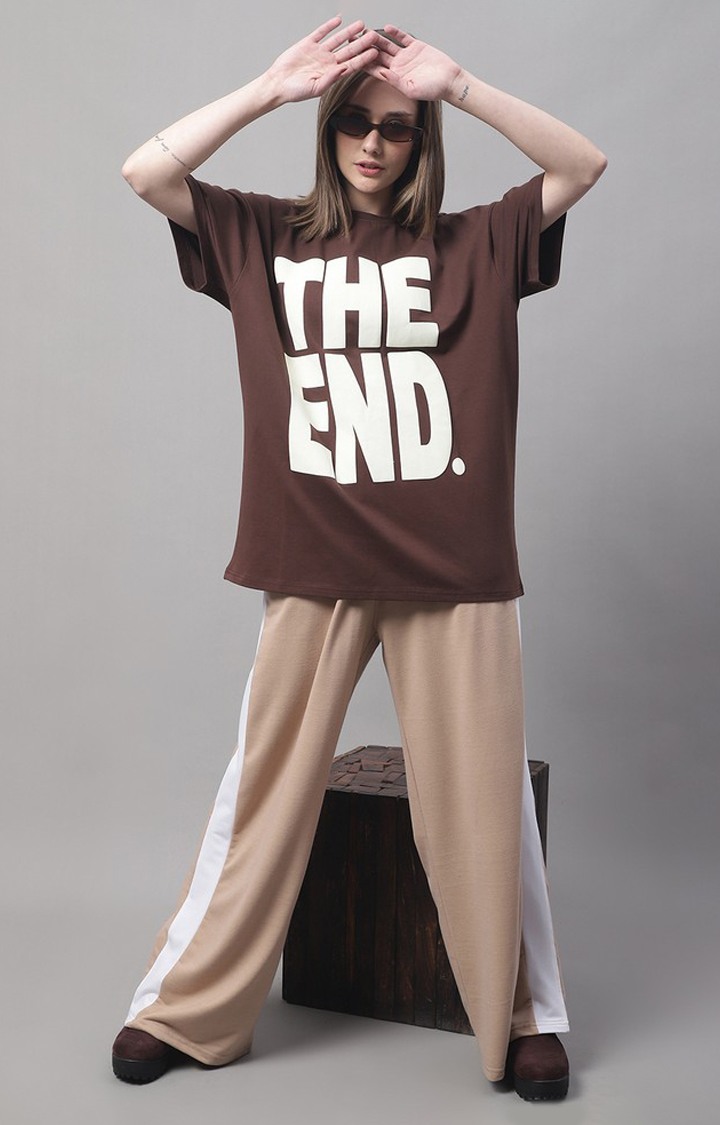 Women's Brown Typographic Oversized T-Shirts