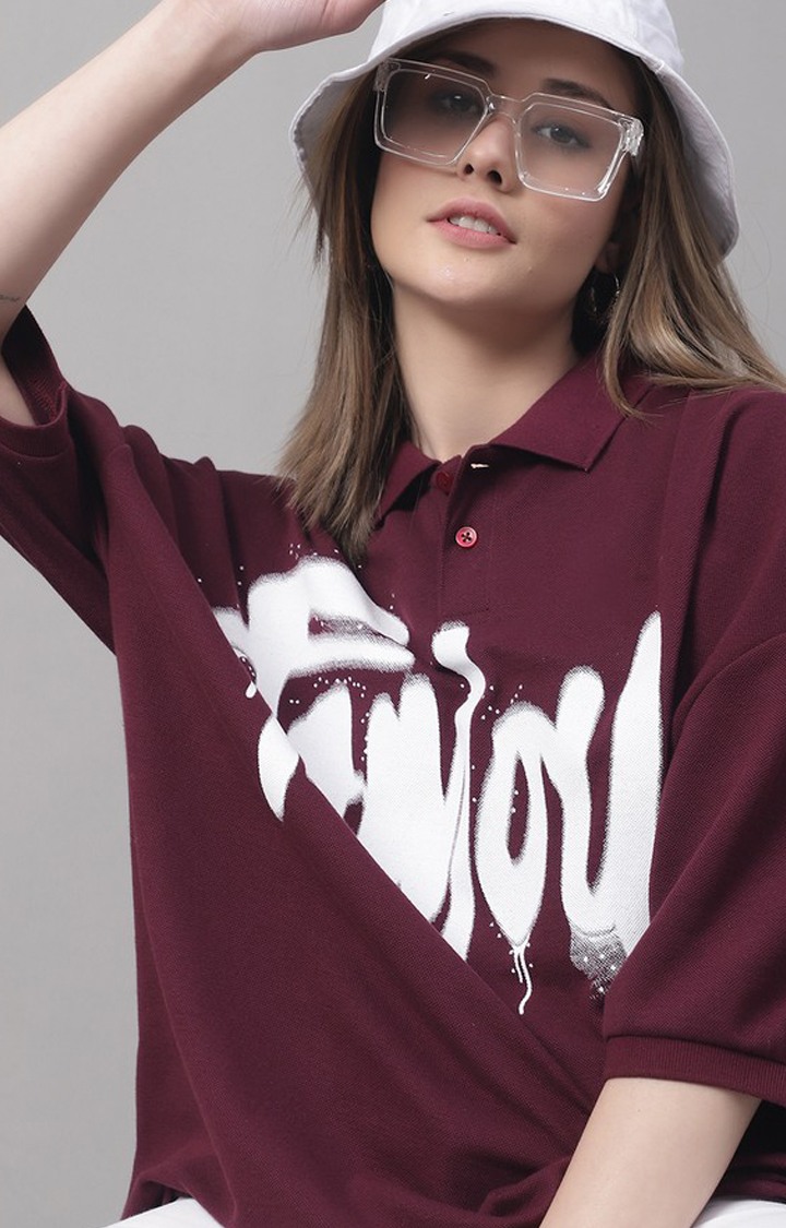 Women's Red Typographic Oversized T-Shirts