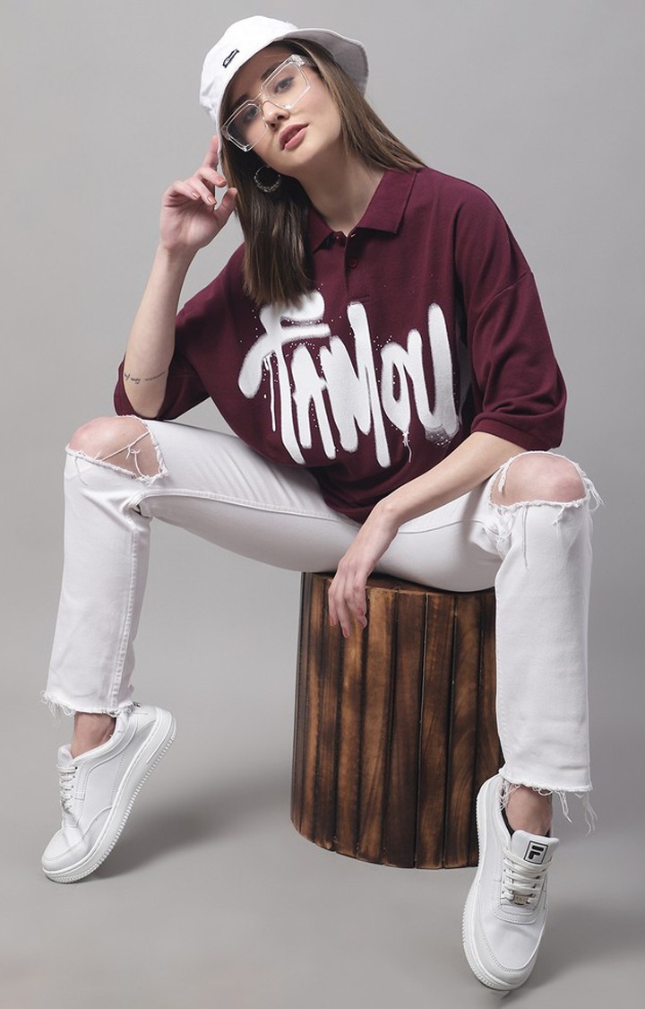 Women's Red Typographic Oversized T-Shirts