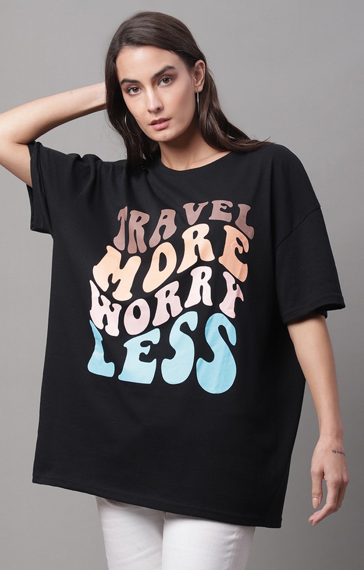 DOOR74 | Women's Black Typography Oversized T-Shirts