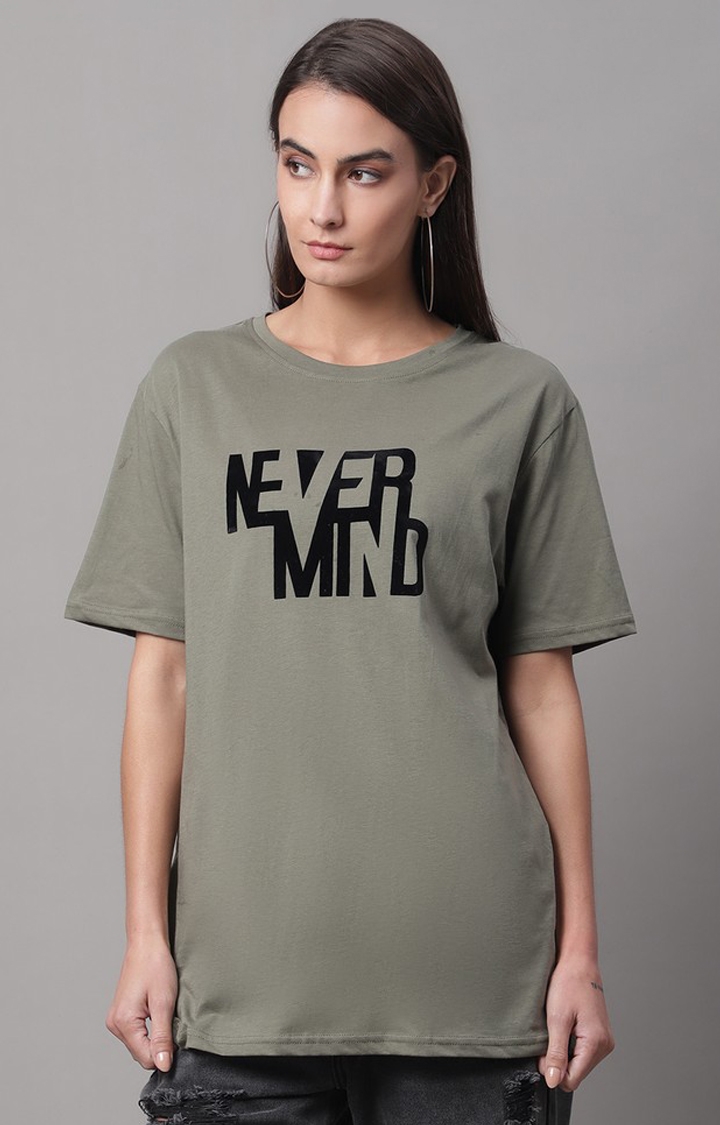 DOOR74 | Women's Green Typography Regular T-Shirt