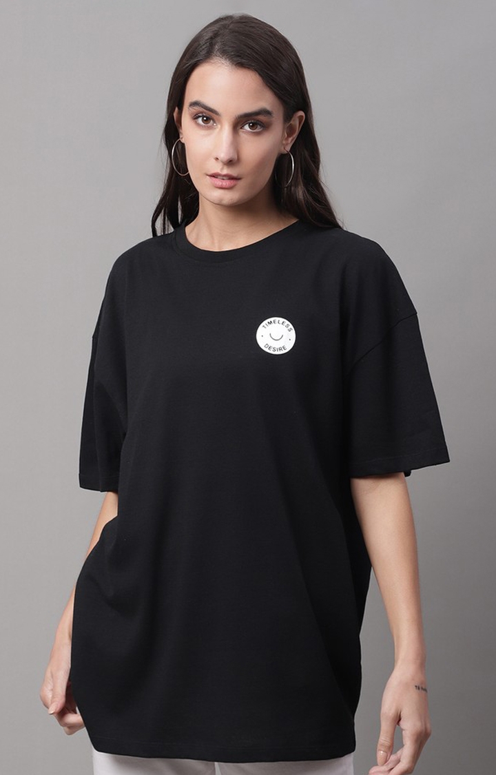 DOOR74 | Women's Black Typography Oversized T-Shirts