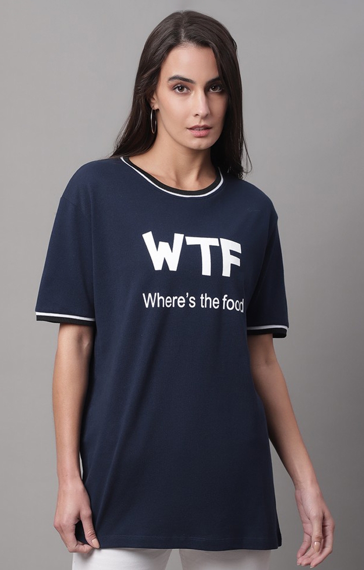 DOOR74 | Women's Ringer Blue Typography Regular T-Shirt