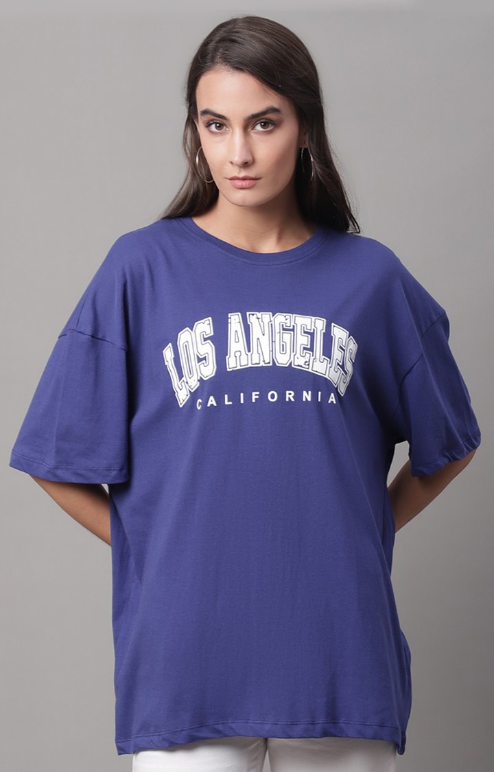 DOOR74 | Women's Blue Typography Oversized T-Shirts