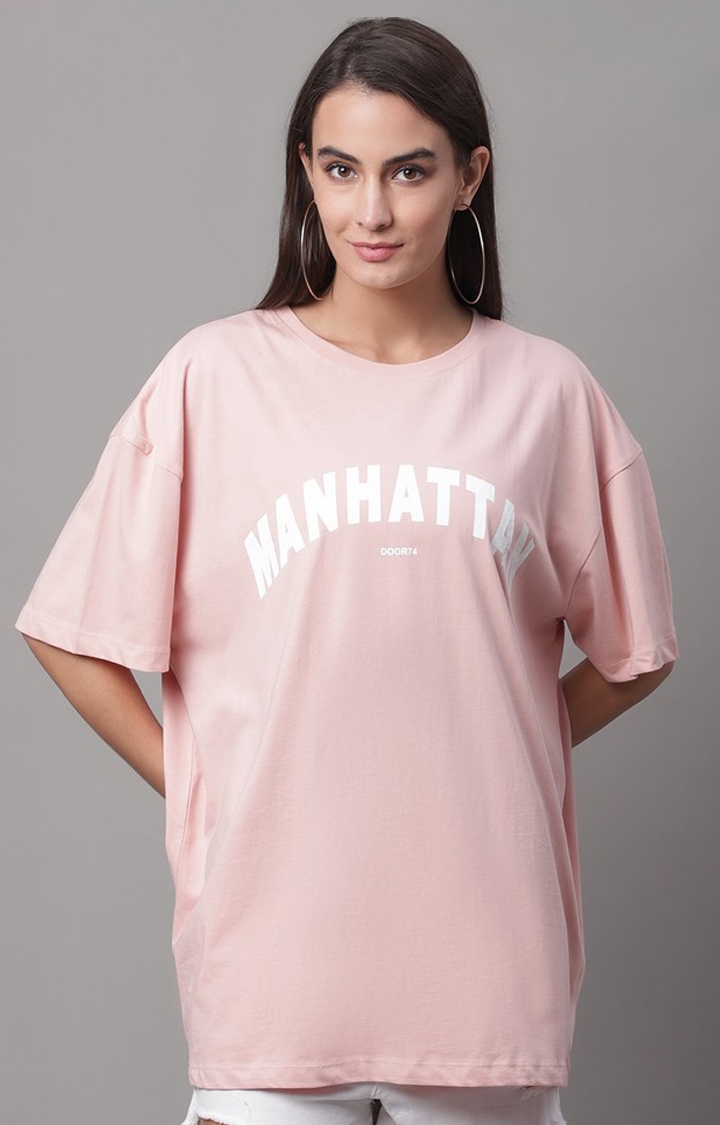 DOOR74 | Women's Pink Typography Oversized T-Shirts