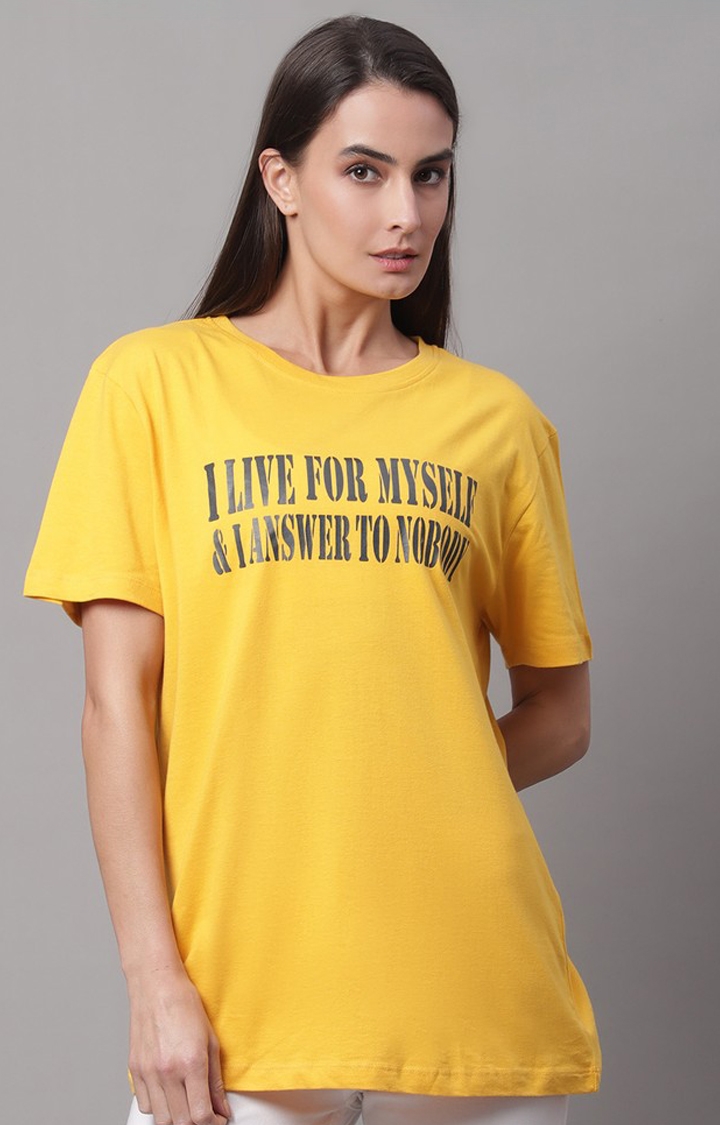 DOOR74 | Women's Yellow Typography Regular T-Shirt