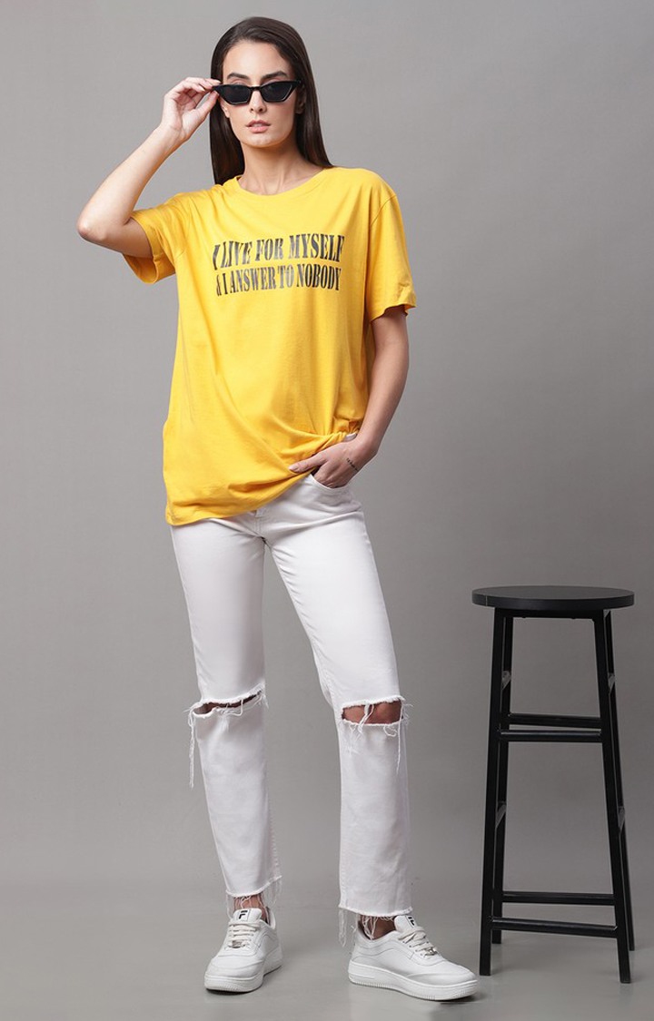 Women's Yellow Typography Regular T-Shirt