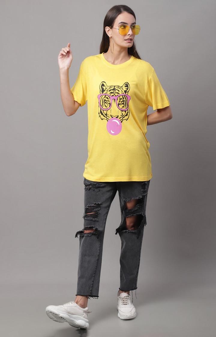 Women's Yellow Typography Regular T-Shirt