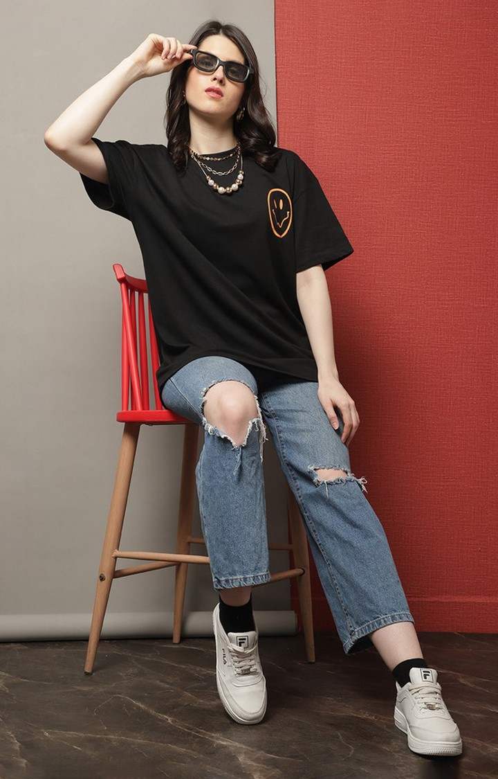 Women's Black Typography Oversized T-Shirts