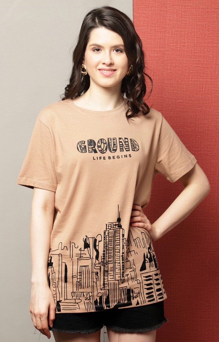 DOOR74 | Women's Brown Typography Oversized T-Shirt