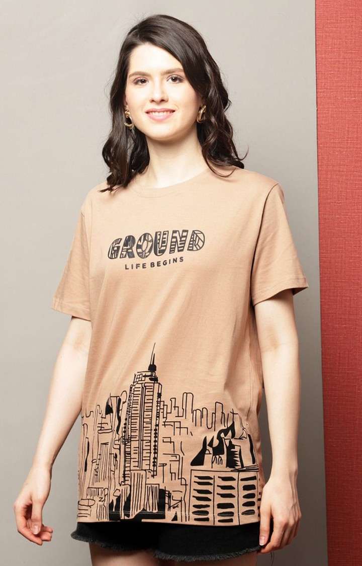 Women's Brown Typography Oversized T-Shirt