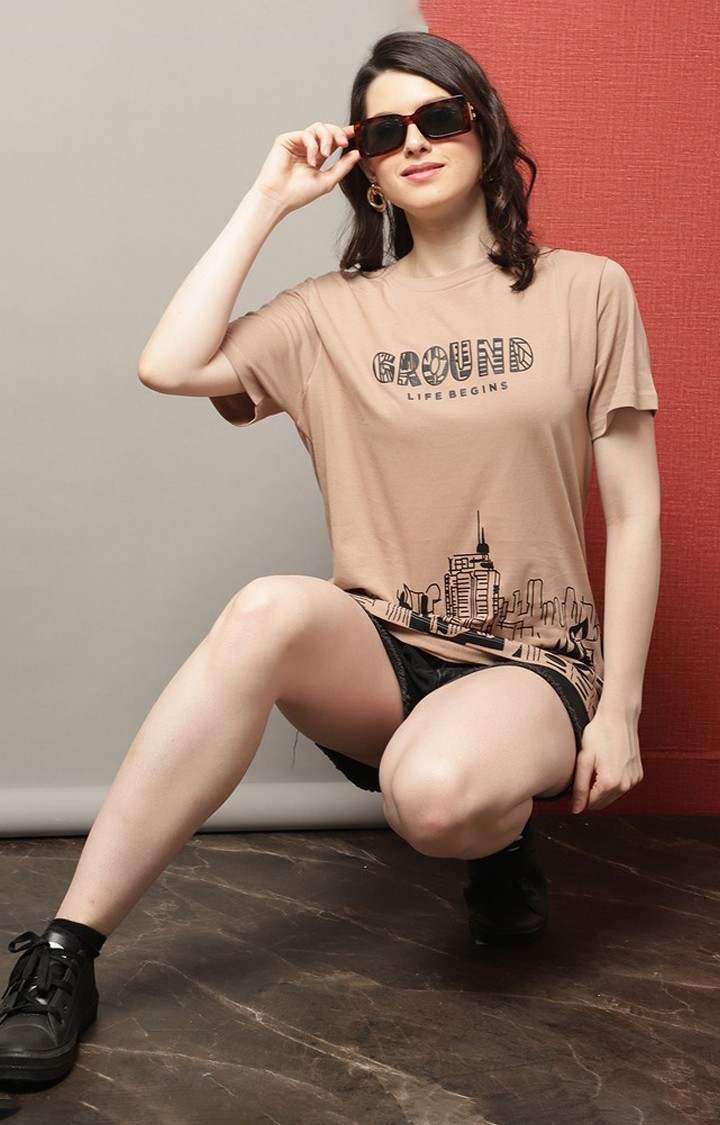 Women's Brown Typography Oversized T-Shirt