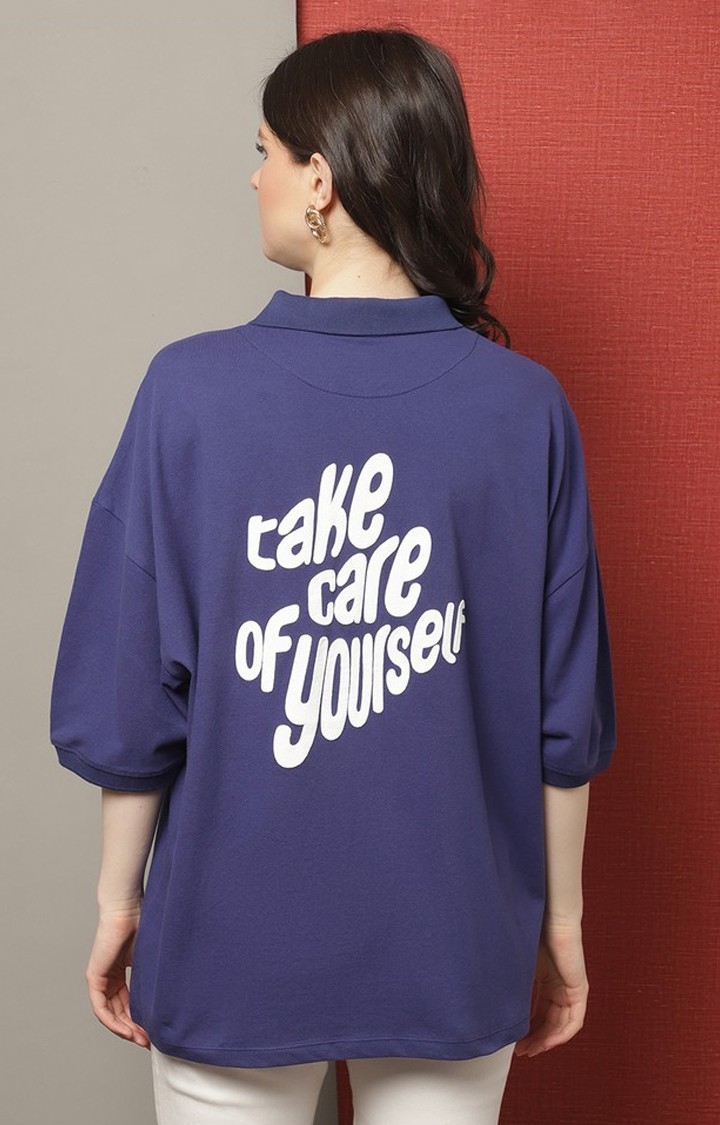 DOOR74 | Women's Take Care Of Yourself Blue Typography Polos