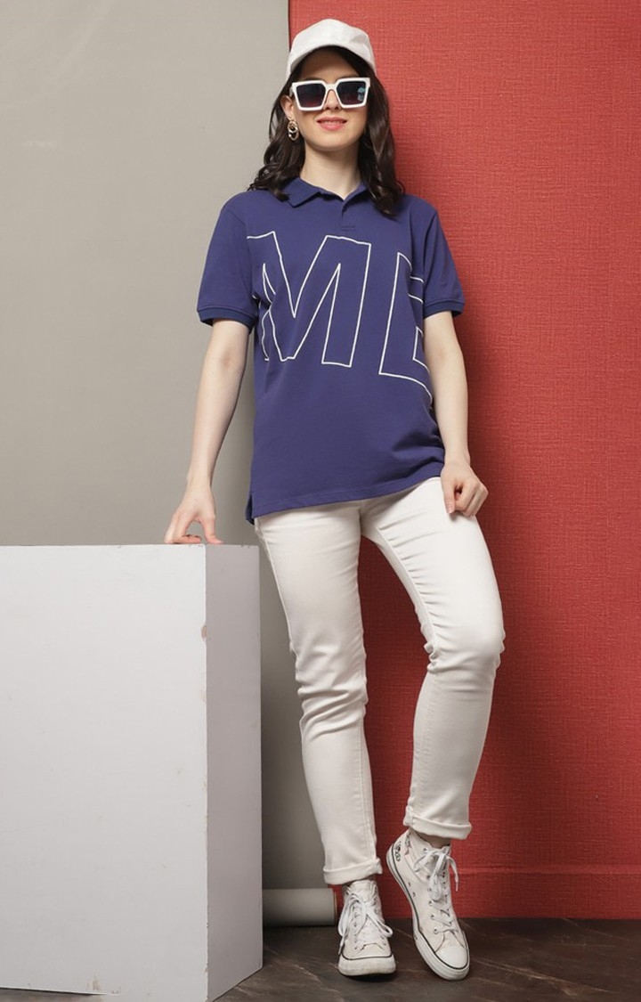Women's Me Color Blue Typography Polos