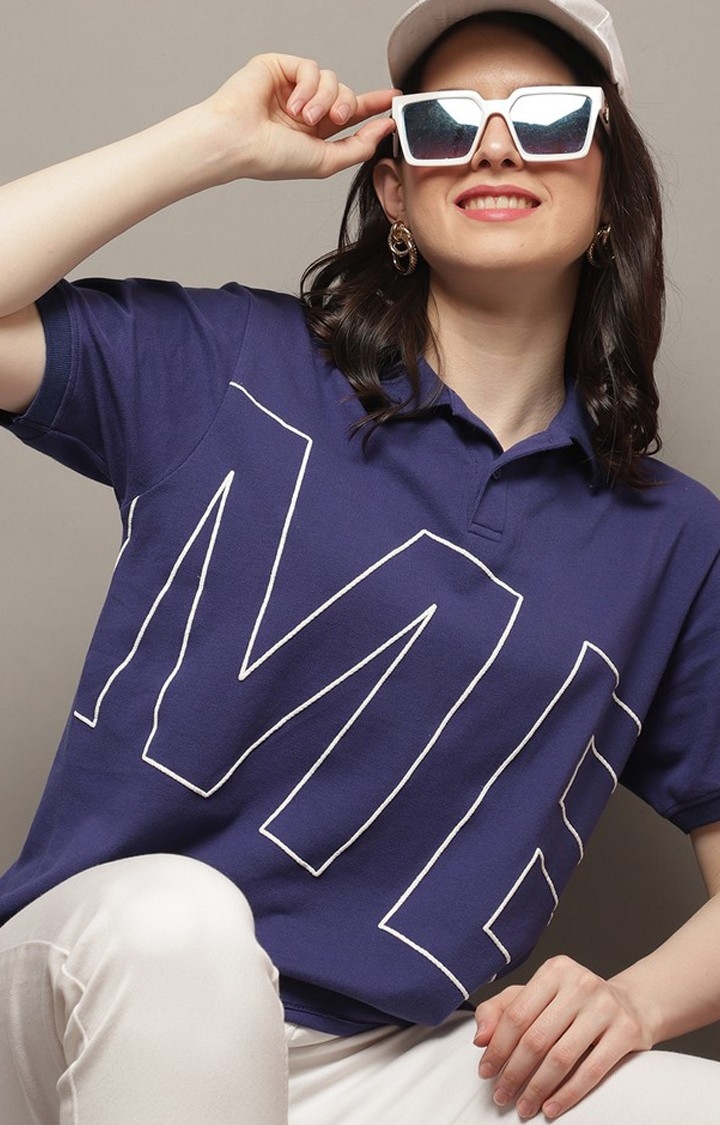 Women's Me Color Blue Typography Polos