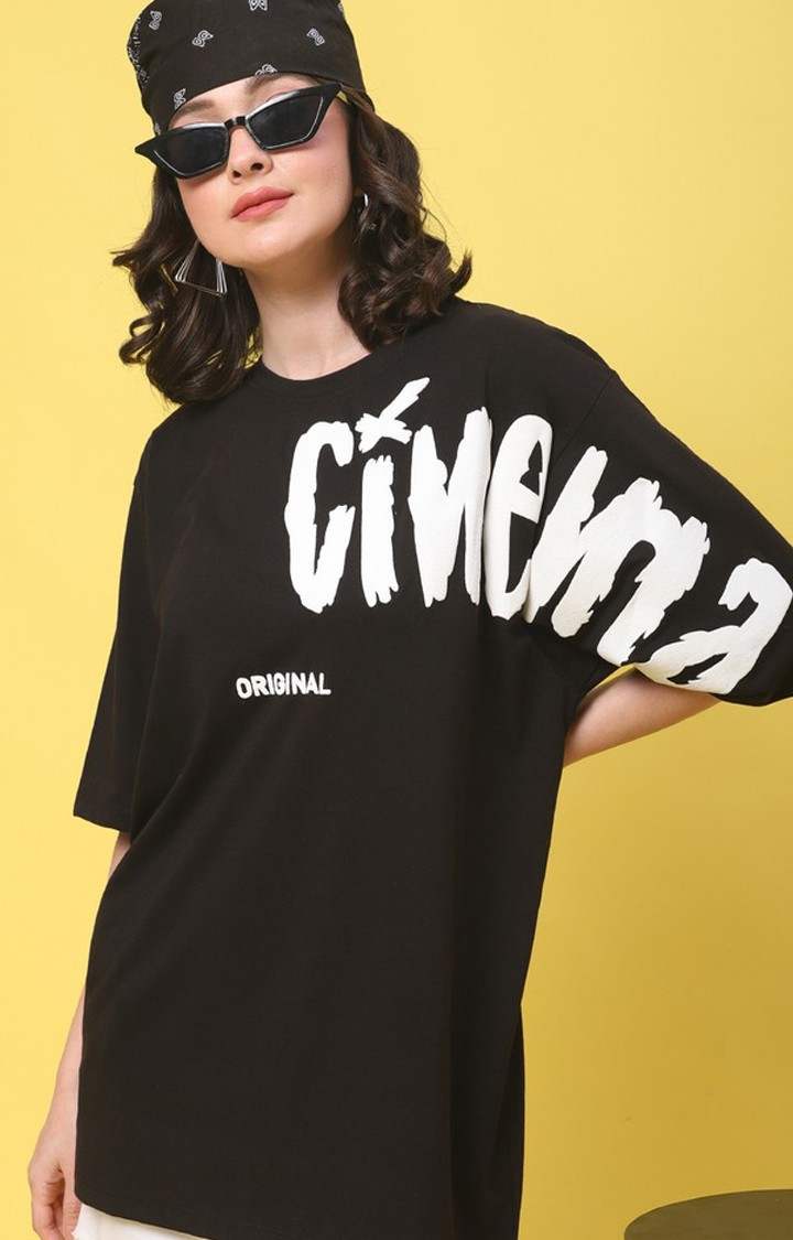 Women's Cinema Color Black Typography Oversized T-Shirts