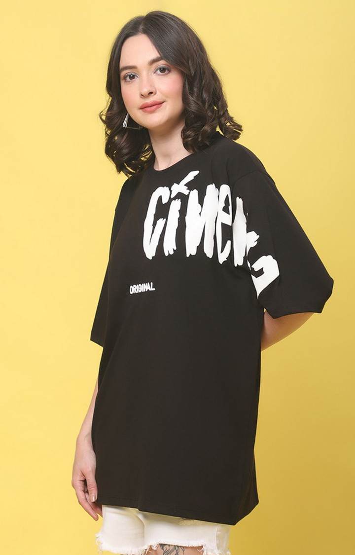 Women's Cinema Color Black Typography Oversized T-Shirts